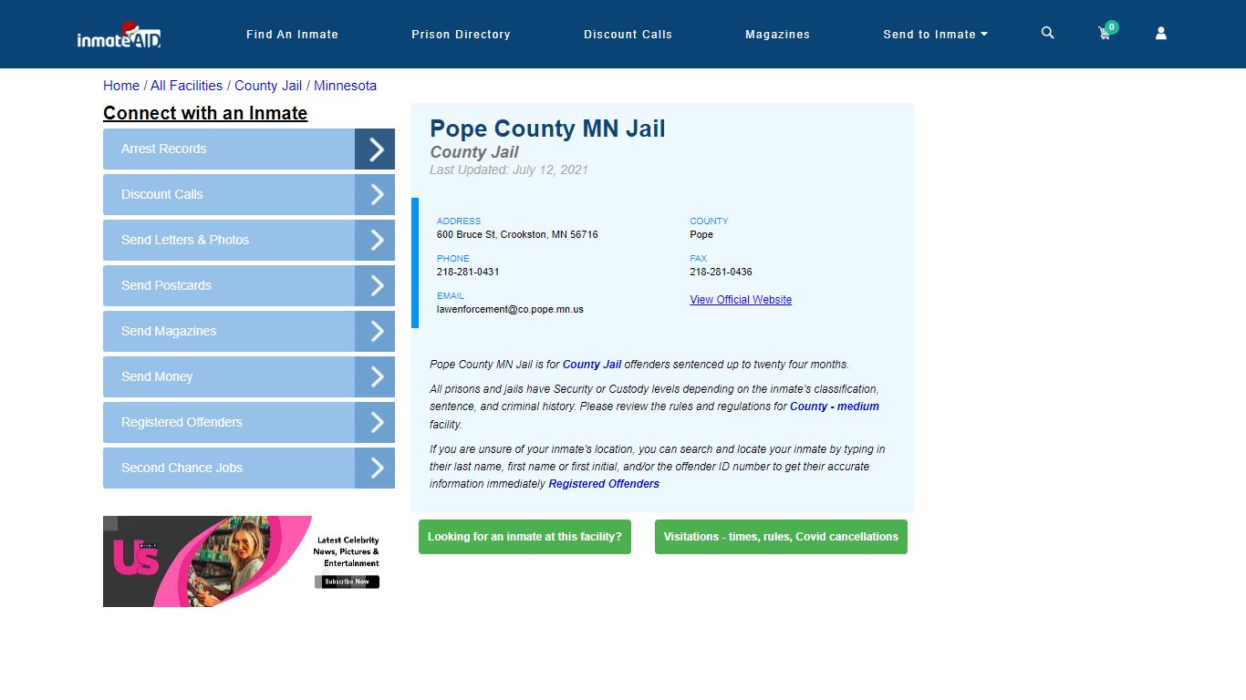 Pope County MN Jail - Inmate Locator - Crookston, MN