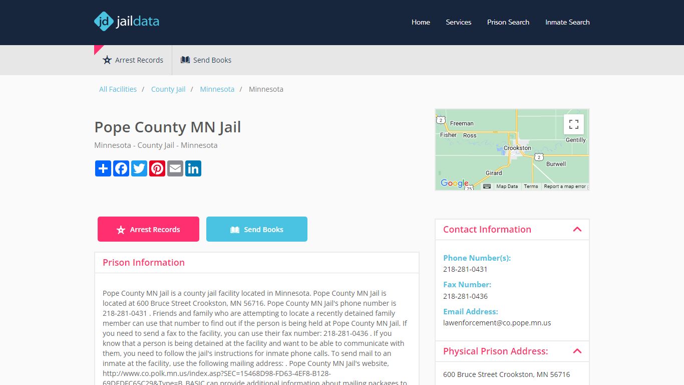Pope County MN Jail Inmate Search and Prisoner Info - Crookston, MN